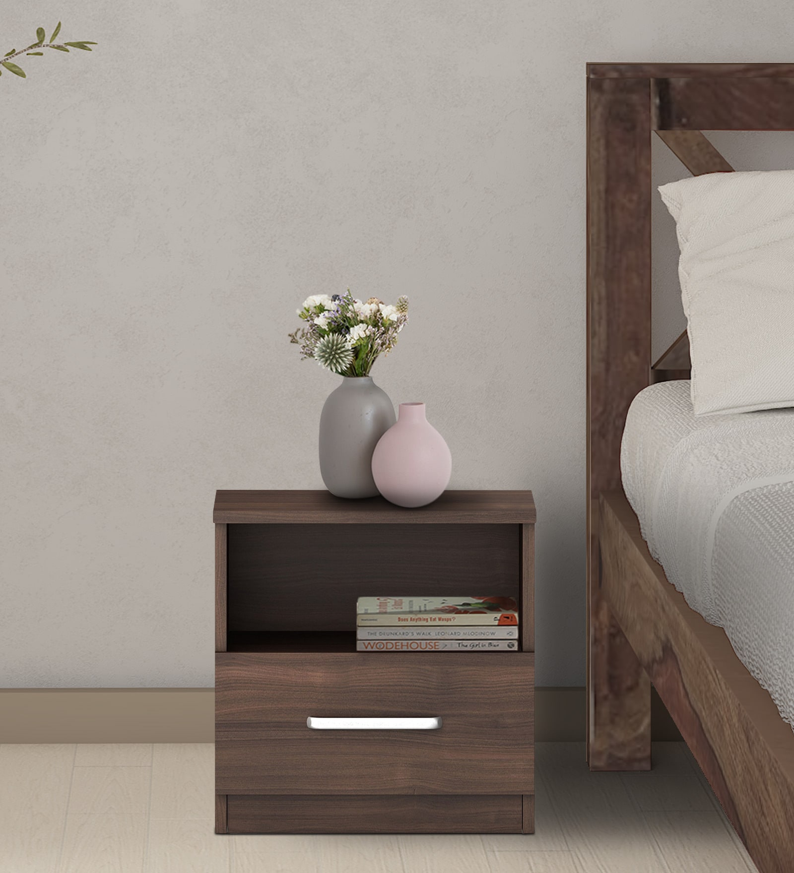 Souma Bedside Table in Regato Walnut Finish with Drawer