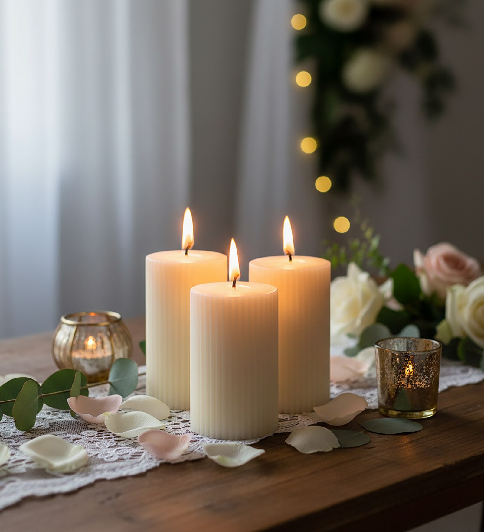 Soy Wax Pillar Candle Ribbed Vanilla Scented Pillar Candles Candle Off White, Set of 3