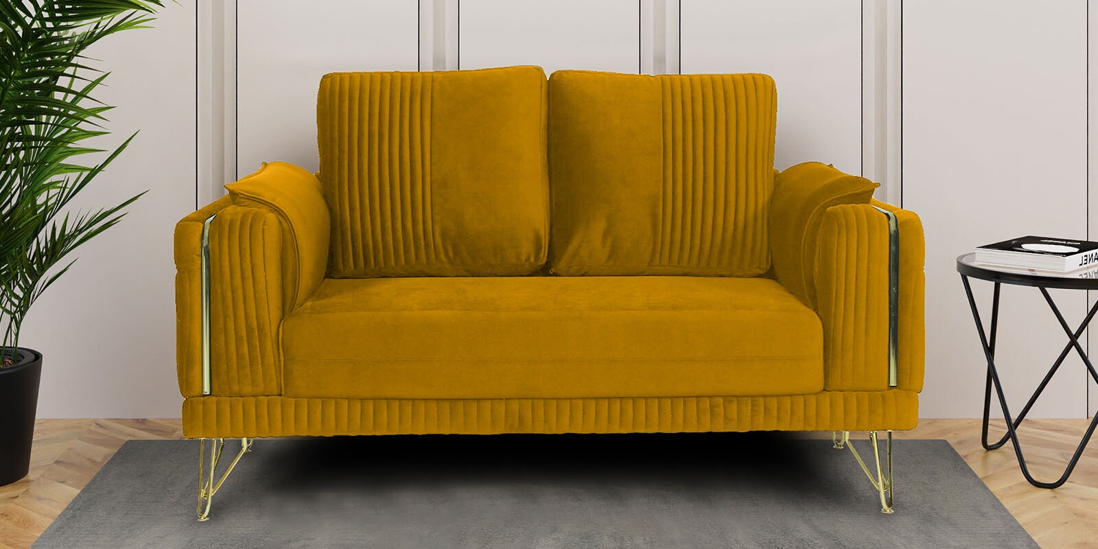 Solitaire Velvet 2 Seater Sofa in Yellow Colour