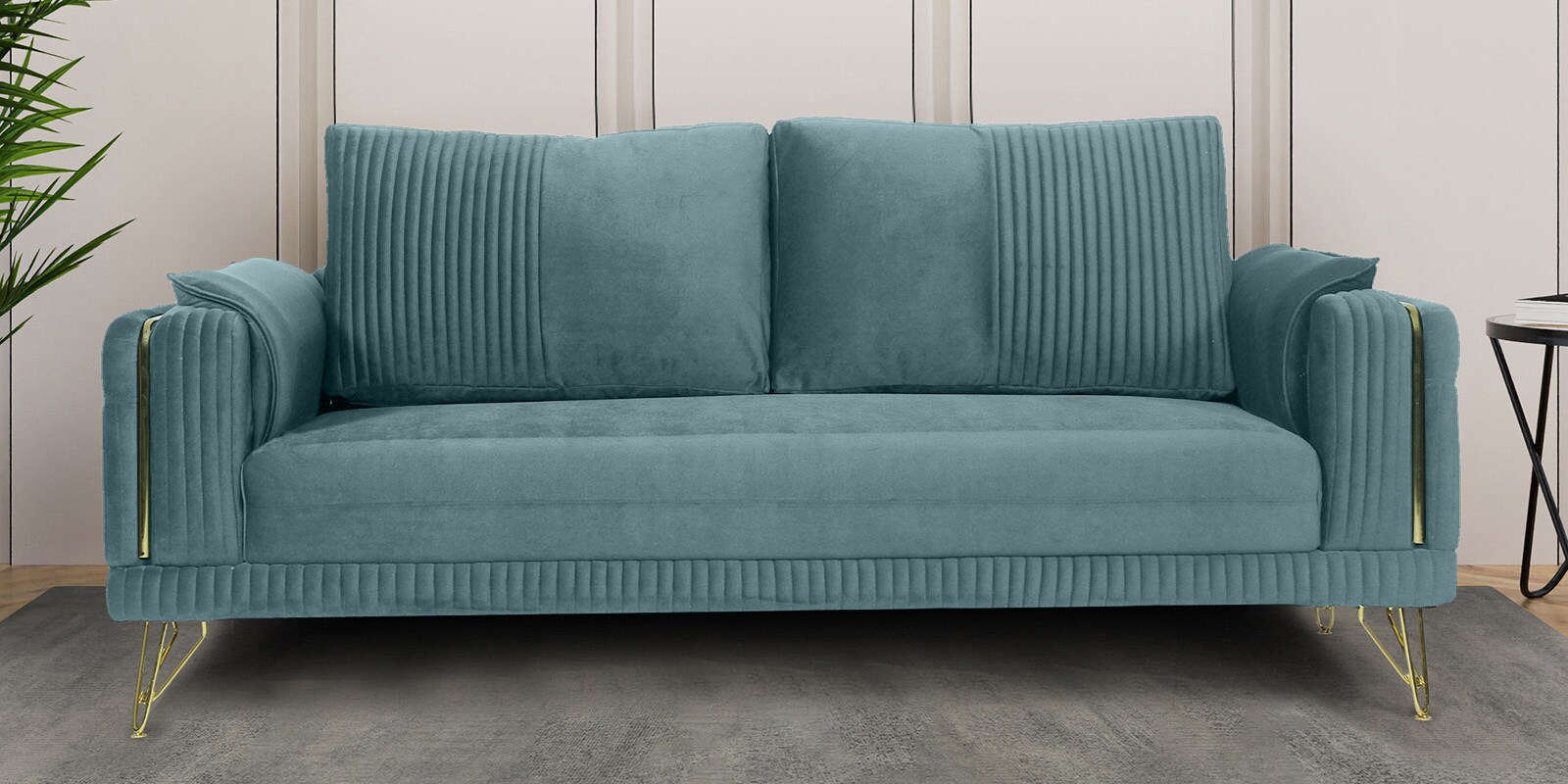 Solitaire Velvet 3 Seater Sofa In Powder Blue Colour Solitaire Velvet 3 Seater Sofa In Powder Blue Colour