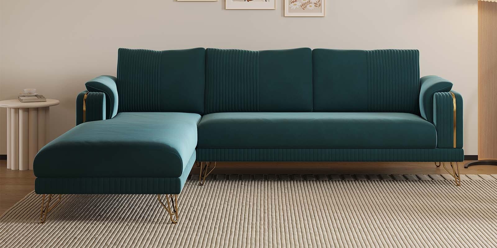 Solitaire Velvet Fabric Fabric RHS Sectional Sofa (3 + Lounger) in Teal Blue Color