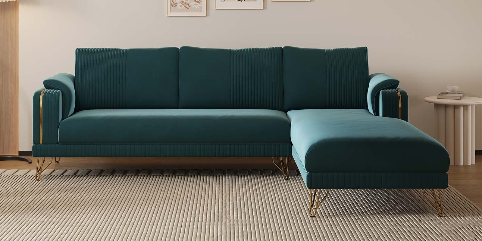 Solitaire Velvet Fabric LHS Sectional Sofa (3 + Lounger) in Teal Blue Color