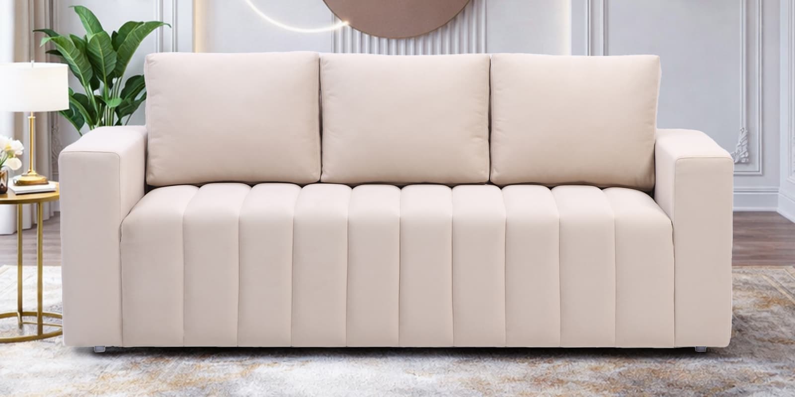 Sorelle Velvet Fabric 3 Seater Sofa in Cream Colour