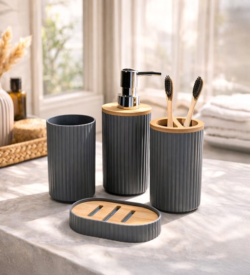 Grey Plastic Bathroom Accessories Set Of 4 With Oval Soap Dish