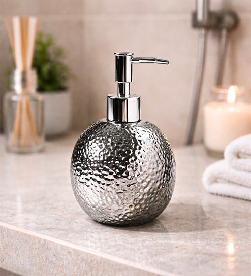 Silver Ceramic 450 Ml Soap Dispenser With Glossy Hammered Finish