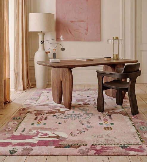 Soft Abstract Distressed Floral Rug 6X9 ft| Medium Rose & Wasabi Carpet Dhurrie