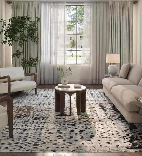 White And Beige Abstract Polyester 4X6 Feet Machine Made Carpet