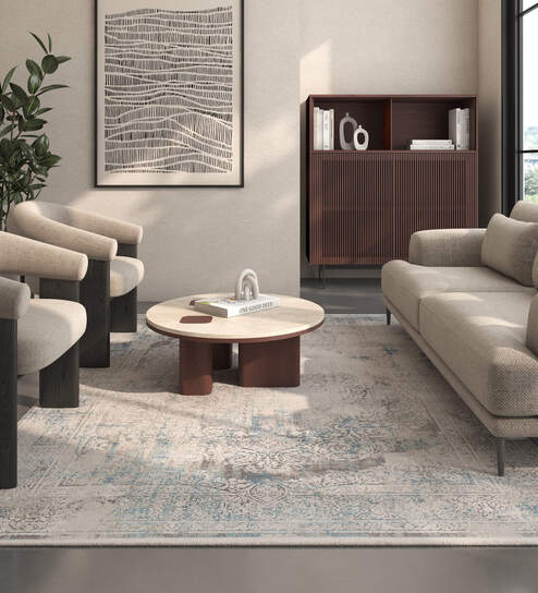 Blue And Grey Abstract Polyester 4X6 Feet Machine Made Carpet