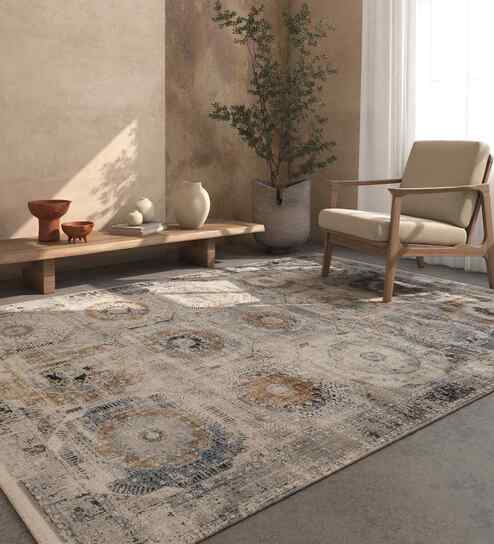 Blue And Grey Abstract Polyester 4X6 Feet Machine Made Carpet