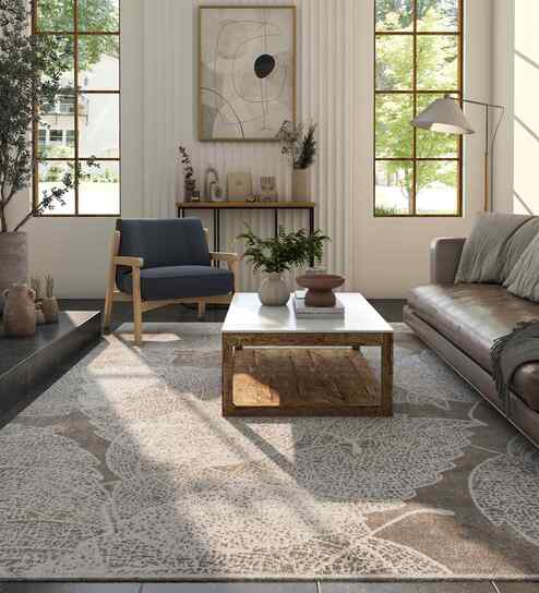 White And Brown Traditional Polyester 4X6 Feet Machine Made Carpet