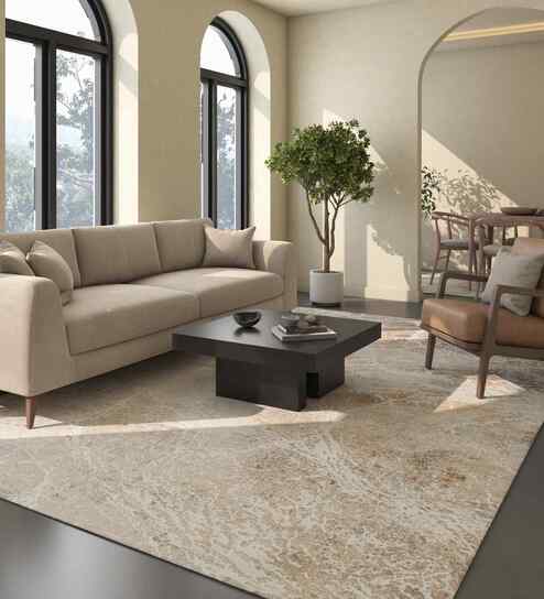 White And Brown Traditional Polyester 5.5X7 Feet Machine Made Carpet