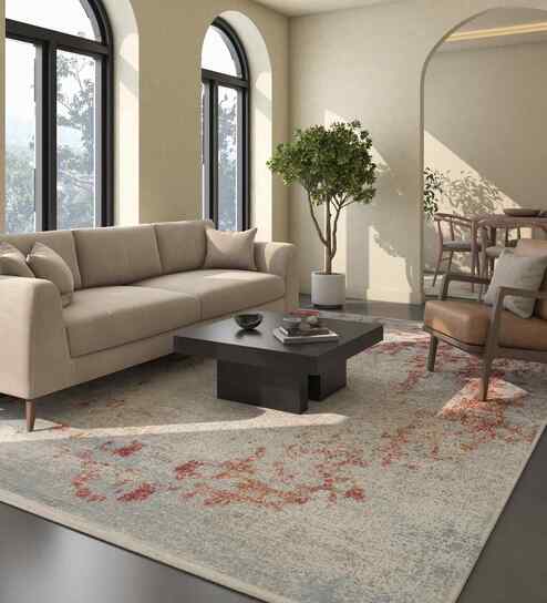 Blue And Red Abstract Polyester 5X7 Feet Machine Made Carpet