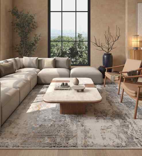 Blue And Yellow Traditional Polyester 5X7 Feet Machine Made Carpet