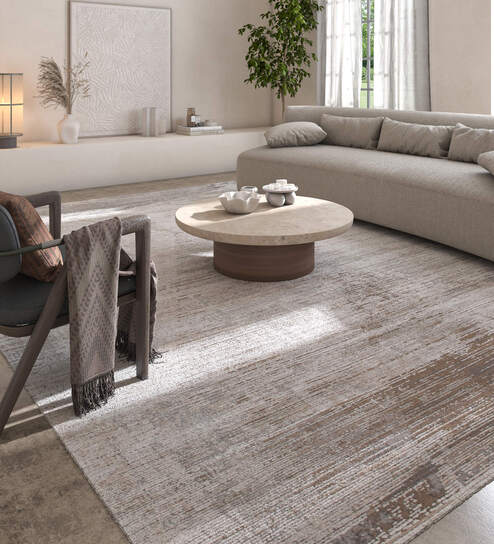 Silver And White Abstract Polyester 5X7 Feet Machine Made Carpet