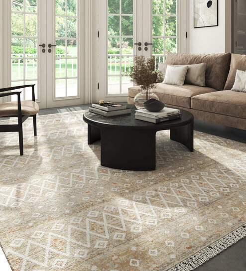 White And Beige Abstract Polyester 5X7 Feet Machine Made Carpet