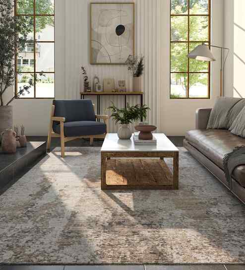 White And Silver Abstract Polyester 5X7 Feet Machine Made Carpet