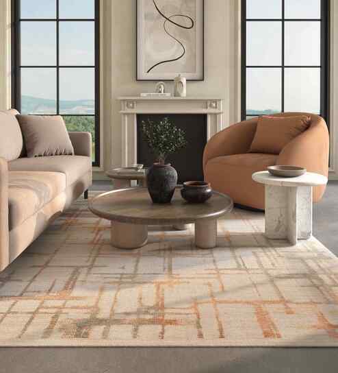 White And Brown Abstract Polyester 6.5X10 Feet Machine Made Carpet