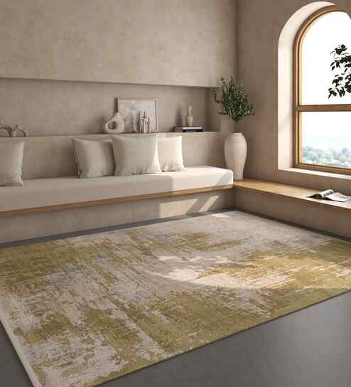 Grey And Green Abstract Polyester 6.5X9 Feet Machine Made Carpet