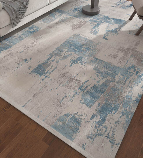 White And Blue Abstract Polyester 6.5X9 Feet Machine Made Carpet