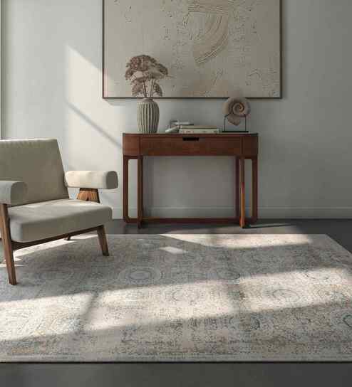 White And Blue Abstract Polyester 6.5X9 Feet Machine Made Carpet