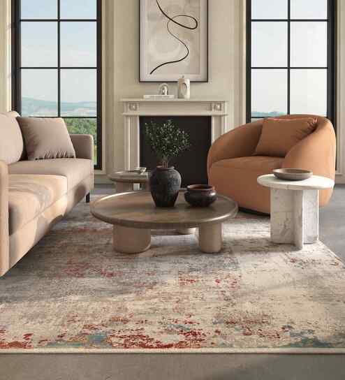 Purple And Grey Abstract Polyester 6.5X9 Feet Machine Made Carpet