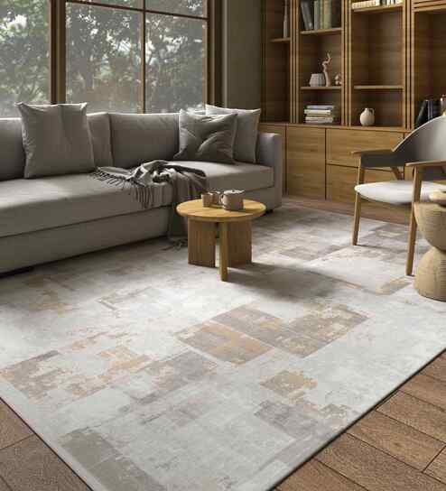 Grey And White Abstract Polyester 6.5X9 Feet Machine Made Carpet