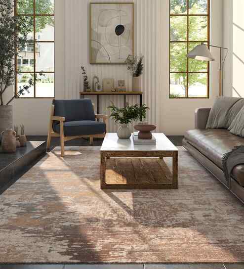 White And Grey Abstract Polyester 6.5X9 Feet Machine Made Carpet