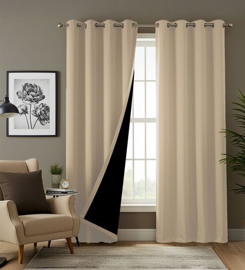 Soft Beige Blackout Polyester Polyester Curtains for Long Door Pack of 2
