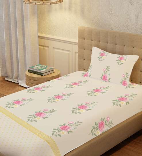 Soft Brown Floral 200 TC Cotton Single Bedsheet with 1 Pillow Cover