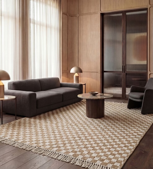 Soft Checkered Rug 5'6X8 ft| Natural & White Carpet Dhurrie