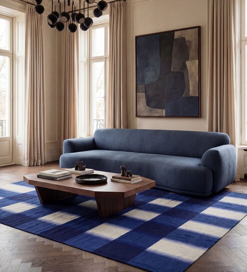 Soft Checkered Rug 5X8 ft| Dark Night Blue & White Carpet Dhurrie