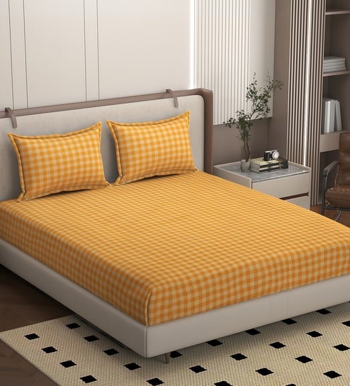 Orange Soft Cotton Breathable and Wrinkel Free Double Fitted Bedsheet with 2 Pillow Covers