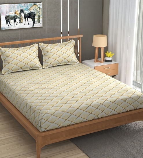 Beige Soft Cotton Breathable and Wrinkel Free Double Fitted Bedsheet with 2 Pillow Covers