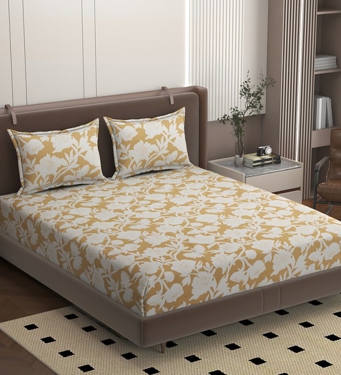 Beige Soft Cotton Breathable and Wrinkel Free Double Fitted Bedsheet with 2 Pillow Covers