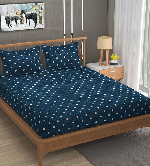 Blue Soft Cotton Breathable and Wrinkel Free Double Fitted Bedsheet with 2 Pillow Covers