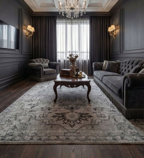 Soft Damask Rug 8X11 ft| Black Ink & Oyster Carpet