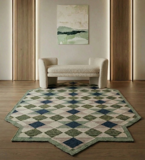 Soft Geometric Diamond Rug 5X8 ft| Deep Navy & Treetop Carpet Dhurrie