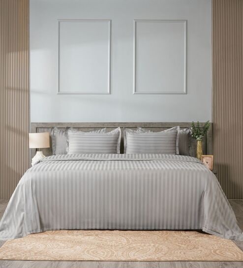 Grey 300TC 100% Cotton Stripe Flat Super King Bedsheet with 2 Pillow Covers
