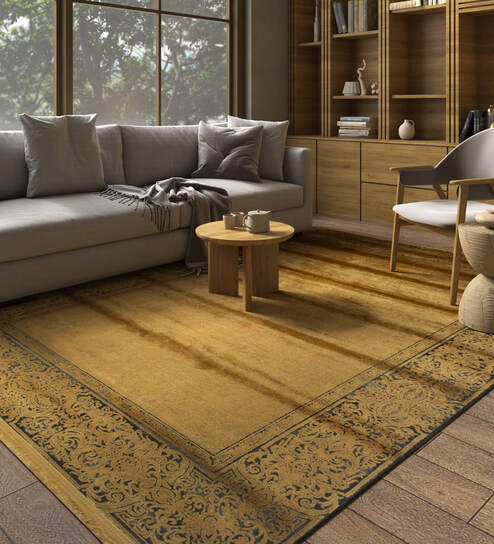 Gold And Blue Abstract Polyester 4X6 Feet Machine Made Carpet