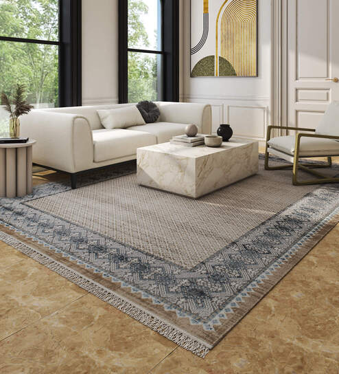 White And Brown Patchwork Polyester 4X6 Feet Machine Made Carpet