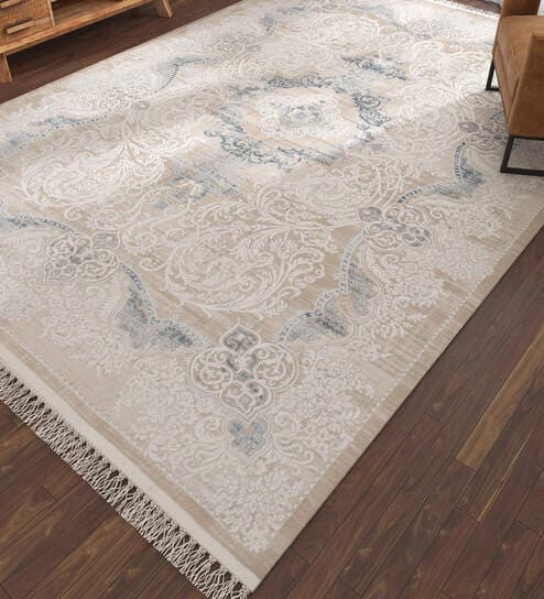 Beige And White Abstract Polyester 5X7 Feet Machine Made Carpet