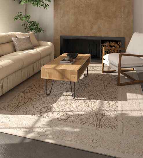 Beige And Grey Abstract Polyester 5X7 Feet Machine Made Carpet