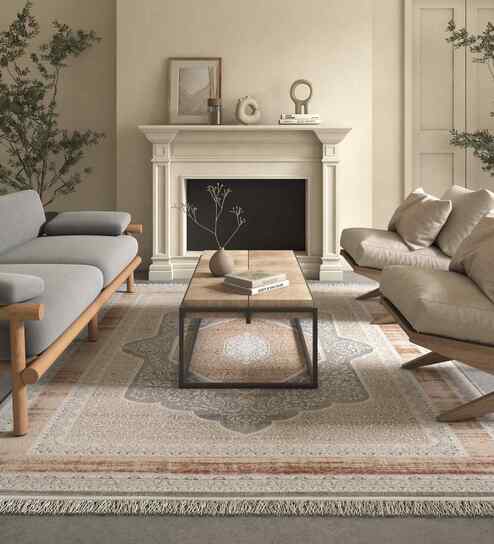 White And Brown Abstract Polyester 5X7 Feet Machine Made Carpet