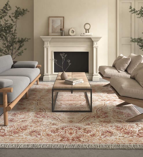 White And Red Abstract Polyester 6.5X9 Feet Machine Made Carpet