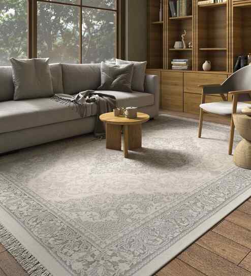 White And Grey Vintage Acrylic 4X6 Feet Machine Made Carpet