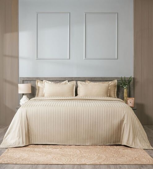 Cream 300TC 100% Cotton Stripe Flat Super King Bedsheet with 2 Pillow Covers