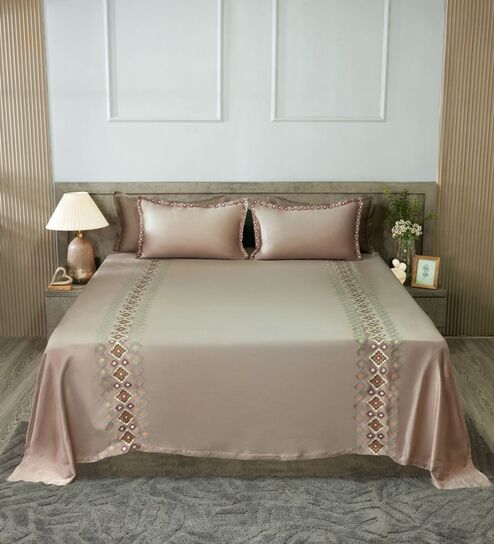 Soft Smoke 300TC 100% Cotton Solids Flat Embroidered Super King Bedsheet With 2 Pillow Covers