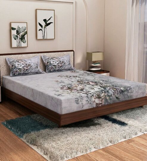 Brown Floral 180 TC Polyester King Sized Bedsheet With 2 Pillow Covers