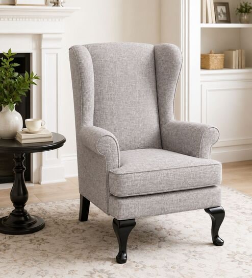Softix Teak Wood Wing Chair With Suede Fabric In Grey Colour