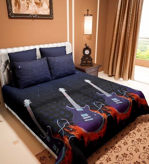 Buy Solace Polycotton Blue Guitar Bed Sheet With 2 Pillow Covers